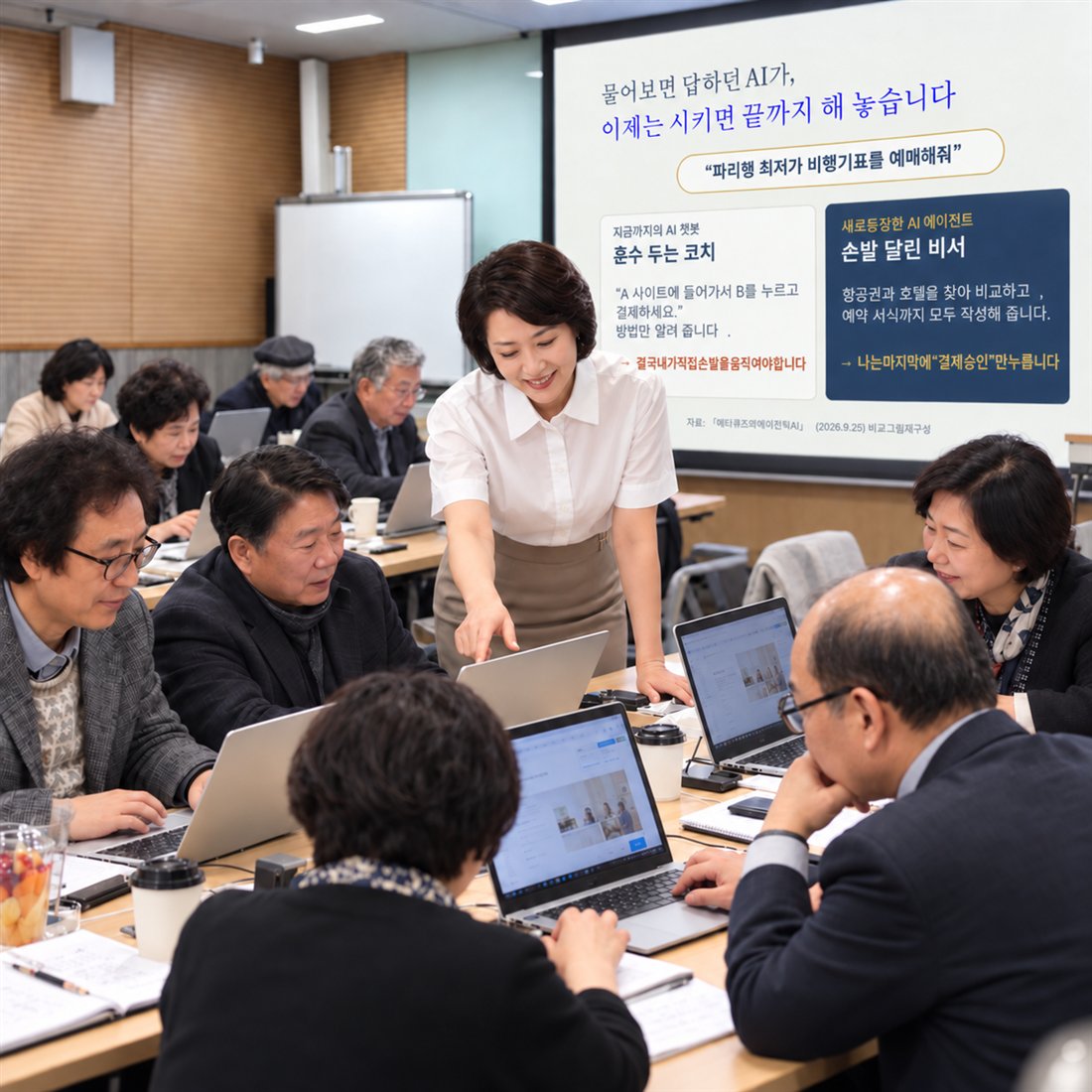 수강생들의 노트북을 가리키며 AI 에이전트 실습을 안내하는 고연심 소장